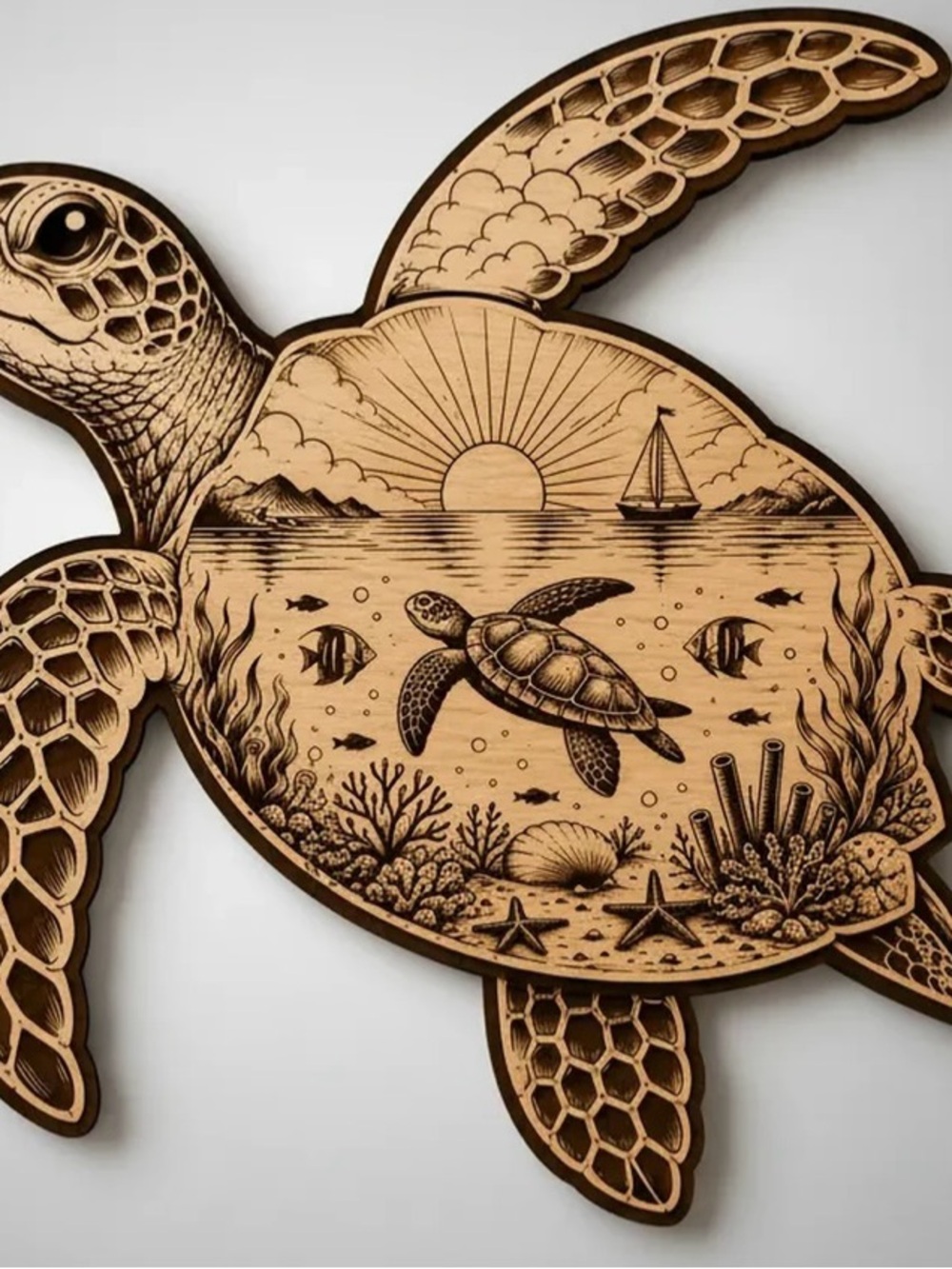 Wood Carved Sea Turtle Wall Art - Handmade